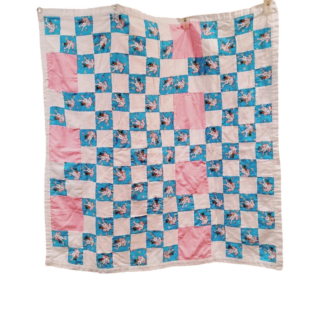 Homemade Thin Baby Blanket 34"Longx 34"Wide Pink Blue Patchwork Bunny Rabbits